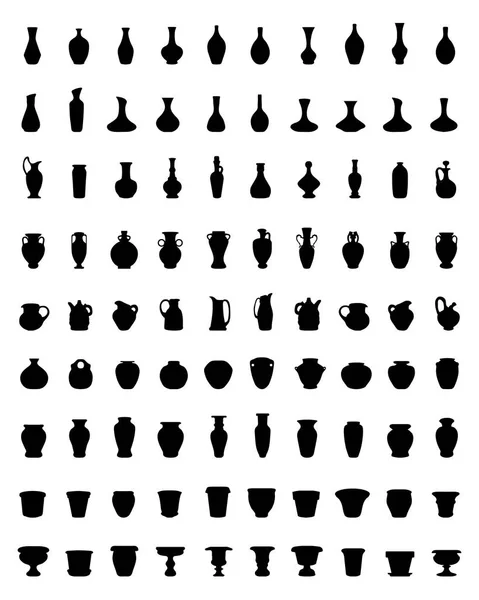 Black Silhouettes Pottery Jars Bowls Vases Vector — Stock Vector