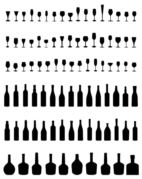 Silhouettes Noires Bouteilles Verres Sur Fond Blanc — Image vectorielle