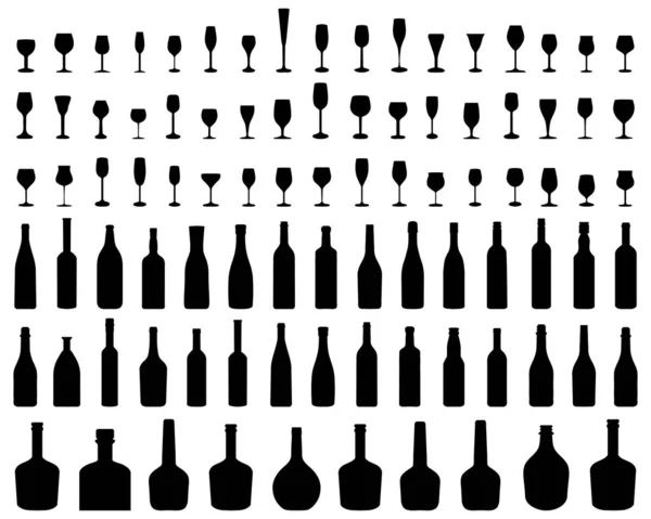 Siluetas Copas Botellas Vino Sobre Fondo Blanco Vector — Vector de stock