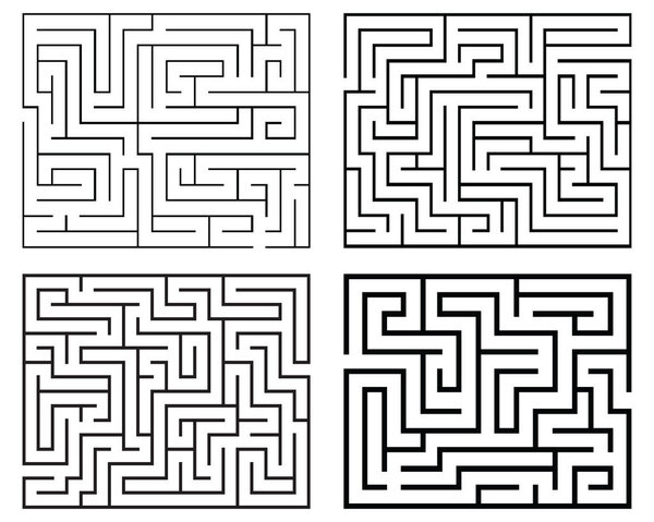 Four black mazes on a white background