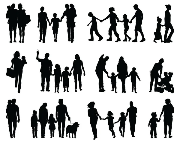 Black Silhouettes Families Walking White Background — Stock Vector