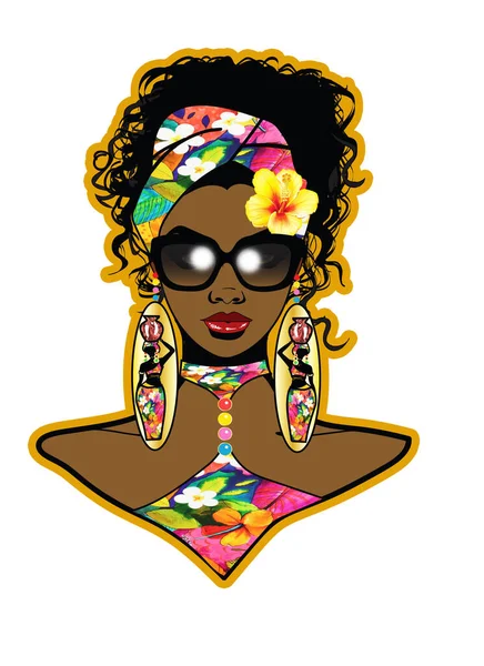 A beautiful black woman with curly hairstyle,hibiscus flower,sunglasses,flower pattern head wrap and dress, designer stylish earrings.