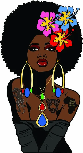 Beautiful Black Sexy Woman Large Afro Hairstyle Tattoos Hibiscus Flowers — стоковое фото
