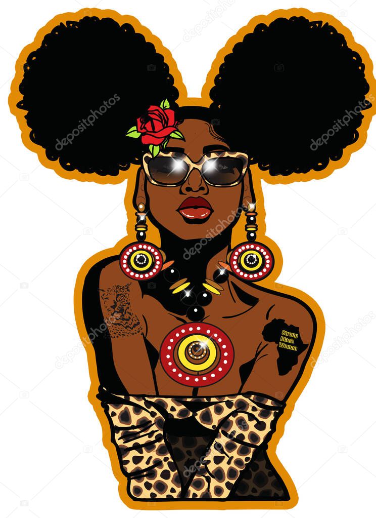 A beautiful black woman with large Afro puffs hairstyle,rose,stylish cheetah sunglasses tattoos stylish earrings and necklace.