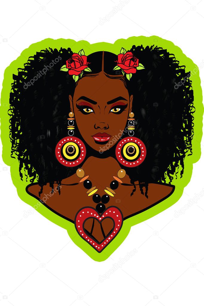 A beautiful black woman with curly Afro hairstyle,roses,stylish earrings and stylish heart necklace.
