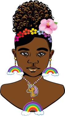 Afro pofuduk saç stili, amber çiçeği, saç bandı çiçekleri, gökkuşağı küpeleri ve tek boynuzlu at, gökkuşağı kolyesi olan güzel siyah bir kız..