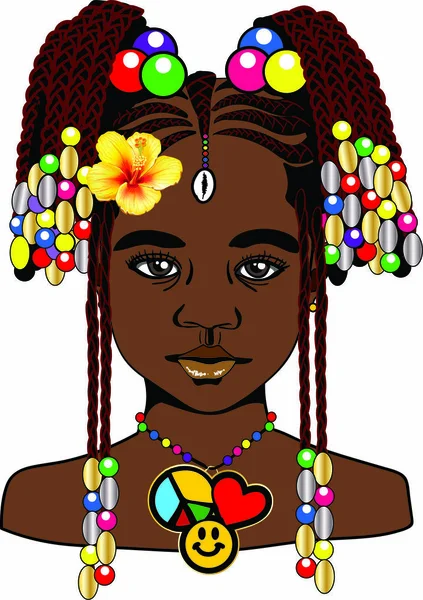 A beautiful black little girl with braids hairstyle,hibiscus flower,large colorful barrettes and beads,seashell,colorful beaded peace,love and happiness necklace.