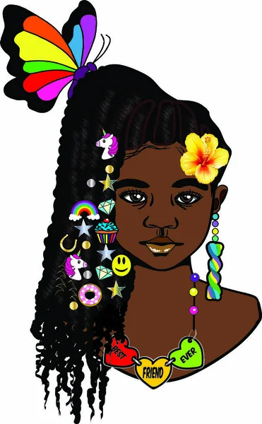 Une Belle Petite Fille Noire Avec Coiffure Tresses Fleur Hibiscus — Photo