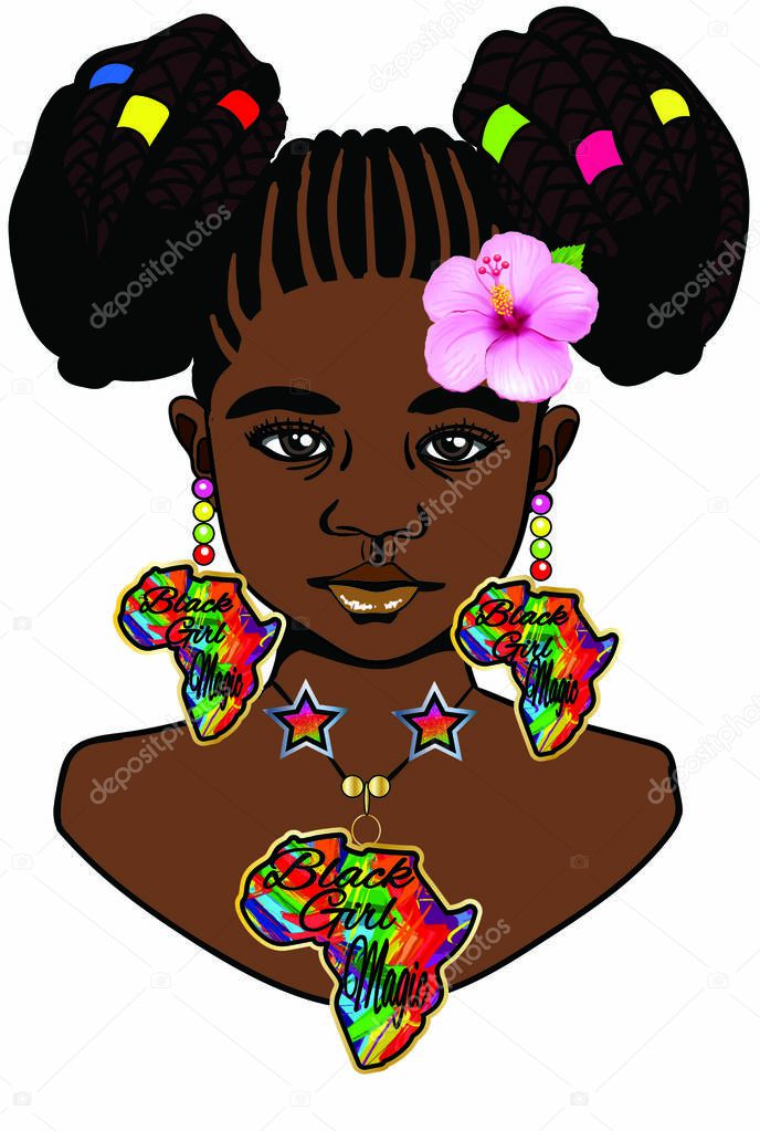 A beautiful black little girl with braid puffs hairstyle,hibiscus flower,colorful beaded African earrings and stylish star African necklace.