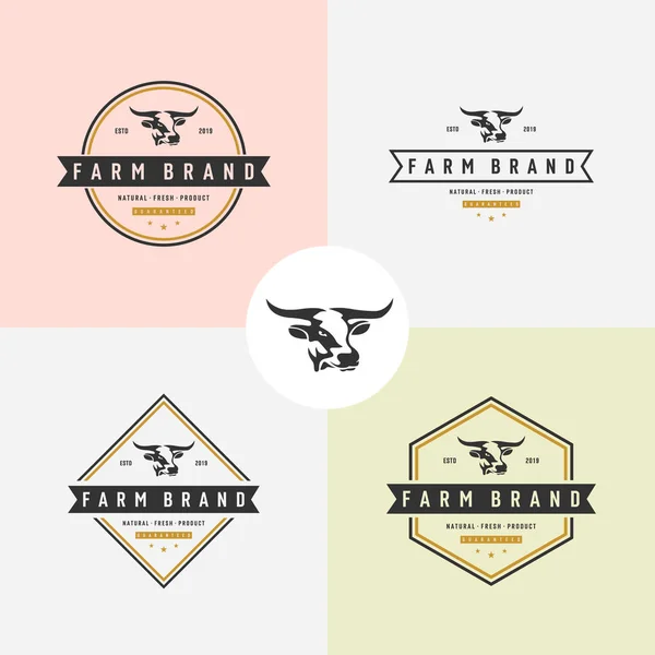 Set di testa di mucca etichetta logo emblema silhouette. Illustrazione vettoriale . — Vettoriale Stock