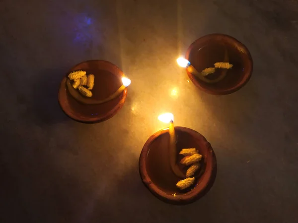 Traditional Clay Diya Lamps Lit Diwali Celebration — Stock Photo, Image