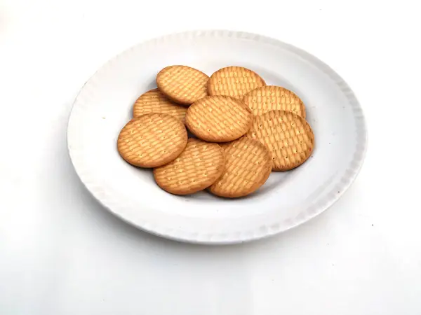 Свіже Здорове Пшеничне Печиво Покладене Тарілку Ізольоване Білому Тлі — стокове фото