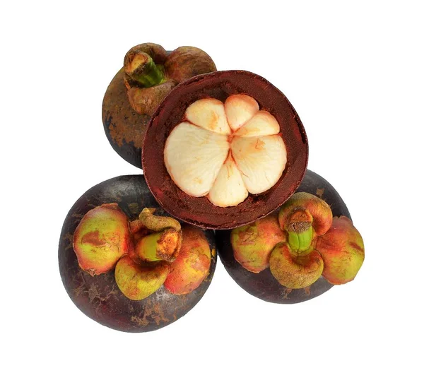 Mangosteen and cross section showing the thick purple skin — Stock Photo, Image