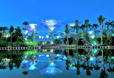 Supertrees Gardens Bay tarafından. Ağaç benzeri yapıları ağaçlar ekolojik fonksiyonu taklit Çevre teknolojileri ile donatılmıştır.