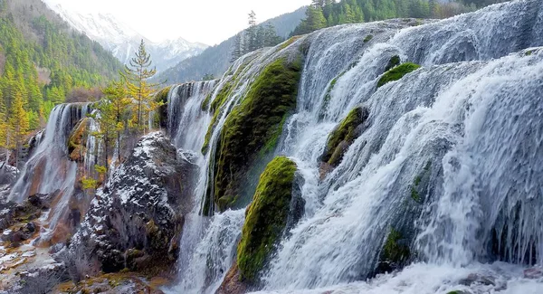 Scenic View Misty Autumn Landscape Beautiful Waterfall Mountain River Forest — Stock Photo, Image