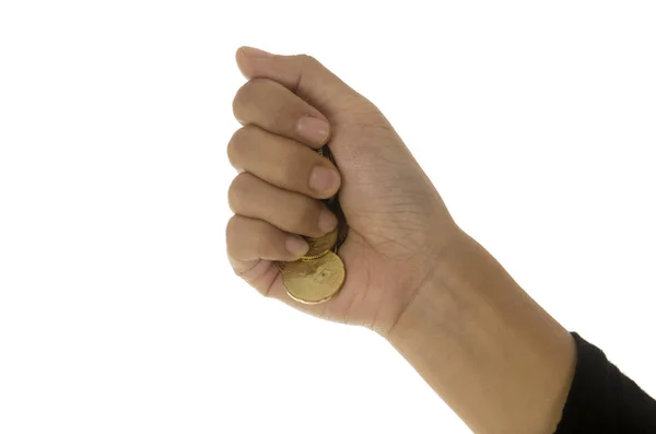 Una mano femminile con moneta isolata su uno sfondo bianco — Foto Stock
