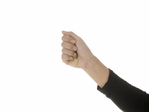 A female hand with coin isolated against a white background — Stock Photo, Image