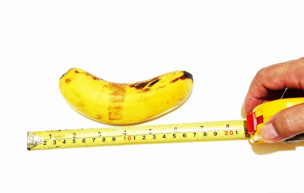 Fita Métrica Banana Mão Sobre Fundo Branco — Fotografia de Stock