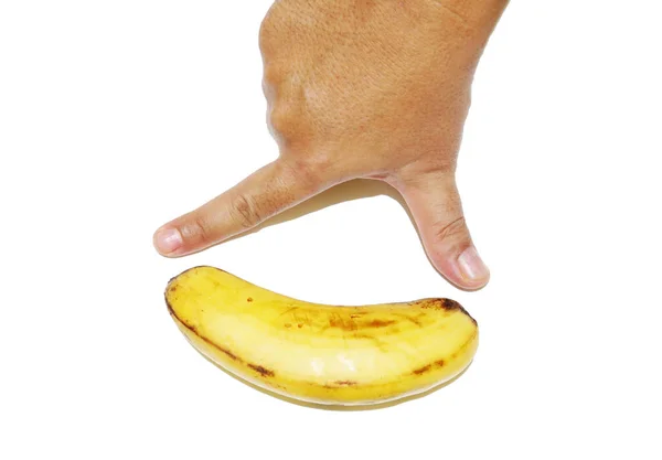 Misurare Banana Utilizzando Sfondo Bianco Isolato Mano — Foto Stock