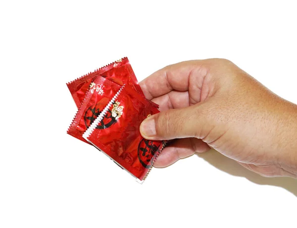 Kondom Handen Isolerad Vit Bakgrund — Stockfoto