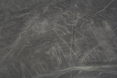 Maymun geoglifinin havadan görünüşü. Nazca ya da Nasca 'nın gizemli çizgileri, Peru' da dönüm noktası