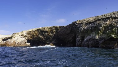 Adaların ve kayaların etrafında uçuşan tonlarca kuş. Paracas 'taki Ballestas Adaları Ulusal Rezerv Pisco Bölgesi, Peru