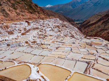 Maras (Salineras de Maras), Kutsal Vadi, Peru 'daki Tuz Madenleri Panoramik Görünümü 