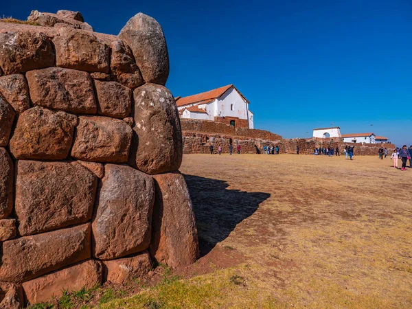 Antigua Muralla Inca Hecha Bloques Piedra Con Iglesia Colonial Los — Foto de Stock