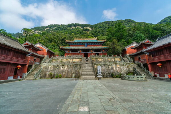 Main courtyard of famous sacred taoist temple. Purple Cloud Palace (Zixiao Palace) on Wudang Mountain, Hubei province, China (text: Zixiao Palace, Purple Cloud Palace)