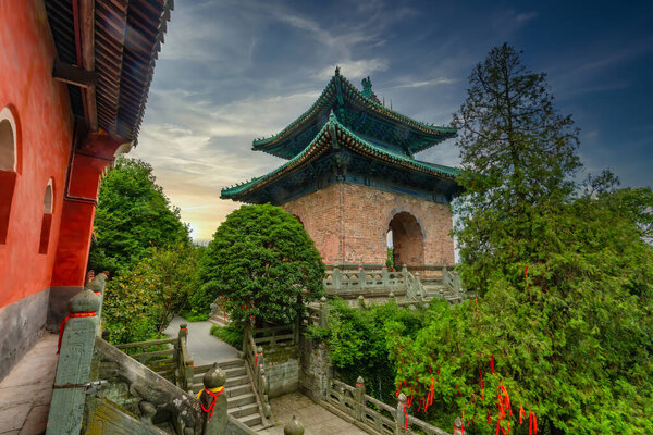 Beautiful and charming spot in front of Tianmen gate. Watchtower before the entrance in Nanyan Palace. Wudang Shan Mountain, Hubei province, China