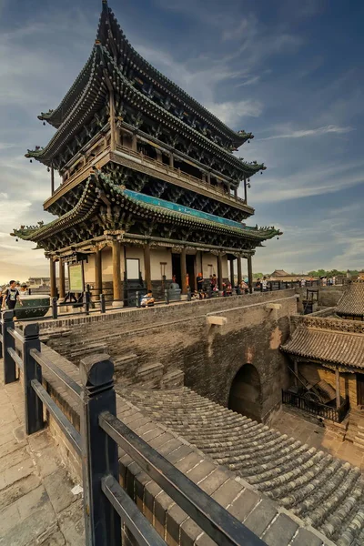 Twierdza Miejska Wieża Obronna Zachodem Słońca Pingyao Ancient City Chiny — Zdjęcie stockowe