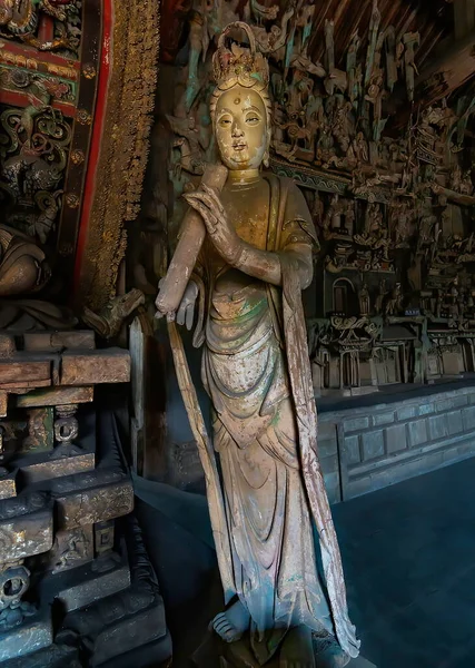 Wood Carving Bodhisatta Statue Standing Avalokitesvara Sculpture Finest Chinese Art — Stock Photo, Image