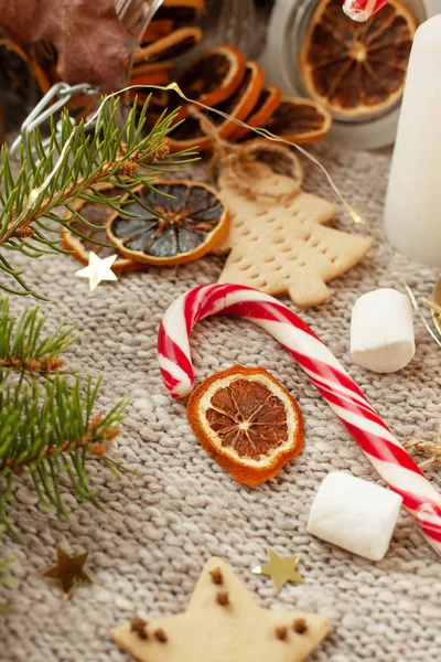 Nice winter holidays still life on a gray knitted background with gingerbread, spruce branches, dried citruses, pumpkin, Christmas canes, burning candles and lights