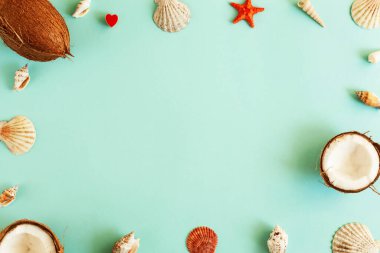 Hindistan cevizinden, hindistancevizinden, egzotik büyük renkli kabuklardan ve deniz yıldızından yapılmış güzel bir tropikal çerçeve. Parlak mavi tatil geçmişi, deniz piyadesi, yaz teması. Tebrik kartı tasarımı, düz yatış. Kopyalama alanı, sıcak ülkelerde tatil hayali.