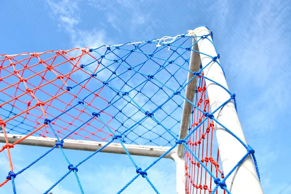 Goal post on green field ,white line football corner on green fi