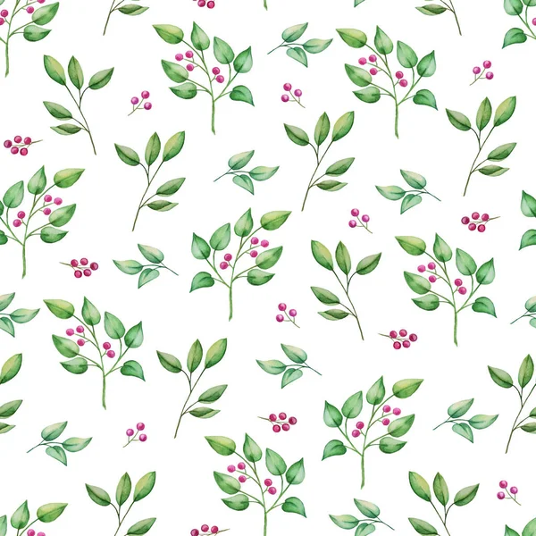 Watercolor Branches Leaves White Background Seamless Patterns Can Used Textiles — Stock Photo, Image