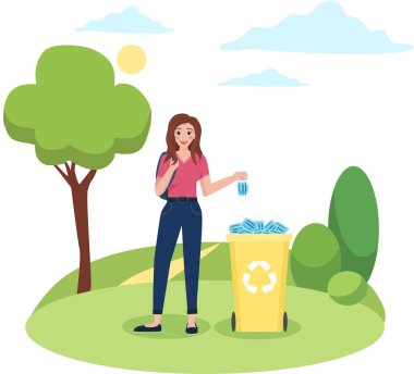 Salgın ve karantina sona erdi. Genç bir kadın çöp kutusuna tıbbi maske atıyor. Arkaplanda doğa