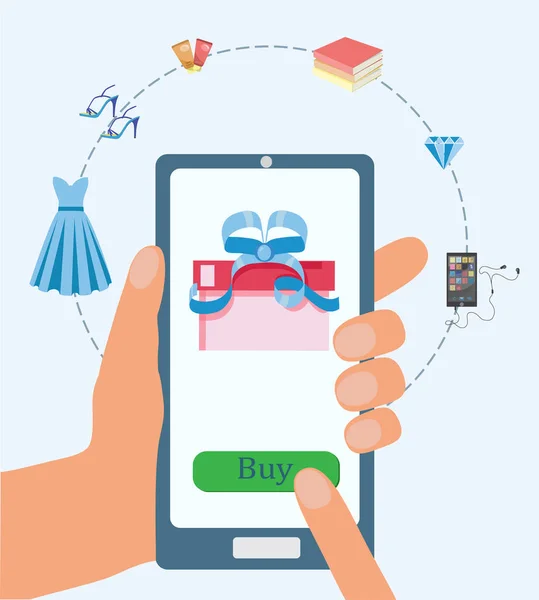 İnternetten telefonla alışveriş. Telefon ekranında bir hediye. Alışveriş seçeneği 