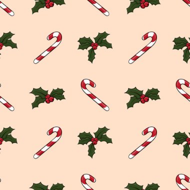 Şekerleme ve kutsal meyveli kusursuz Noel deseni. Tekstil, albüm ya da ambalaj kağıdı için sonsuz doku. Şirin yeni yıl vektör modeli. Xmas dekorasyonu.