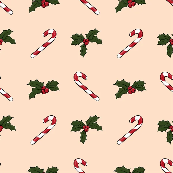 Безшовний різдвяний візерунок з цукерковою тростиною та голлівудськими ягодами. Нескінченна текстура для текстилю, скрапбуку або обгорткового паперу. Милий новорічний векторний візерунок. Різдвяна прикраса . — стоковий вектор
