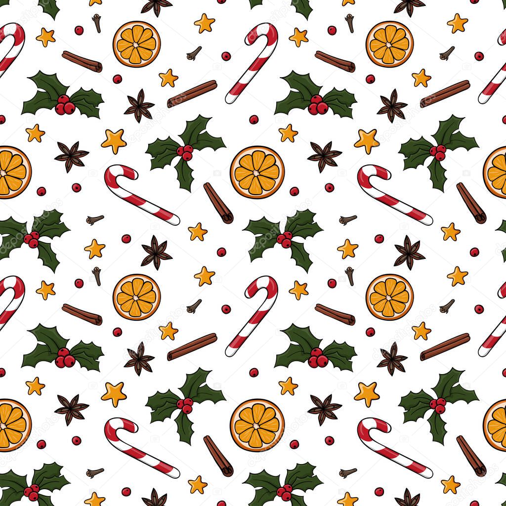 Seamless Christmas pattern with candy, orange, star, holly berries, badian, cinnamon, cloves. Endless texture for textile, scrapbook or wrapping paper. New year vector pattern. White background.