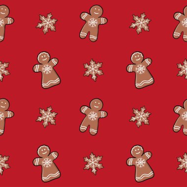 Zencefilli kurabiyeyle kusursuz bir Noel deseni. Tekstil, albüm ve ambalaj kağıtları için sonsuz doku. Yeni yıl vektör desenleri çok şirin. Zencefilli kar tanesi, zencefilli kek kız, zencefilli çörek oğlan