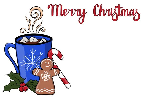 Bandiera di Natale con spazio di copia. Fondo invernale con tazza blu di bevanda calda con marshmallow. Atmosfera invernale bevanda calda con bacche di agrifoglio, caramelle e pan di zenzero . — Vettoriale Stock