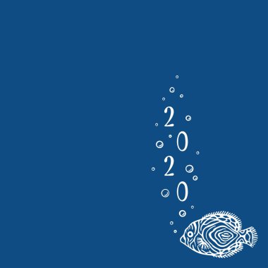 Deniz balıklarıyla fotokopi çekilen bir arka plan. Klasik mavilik. Deniz balığı ve baloncuklu pankart. Yeni yıl 2020. Sosyal medya şablonu. Akvaryum, akvaryum ve akvaryum için tasarım kullanımı.