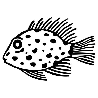 Beyaz arka planda izole edilmiş şirin deniz balıkları. Tek renkli doğrusal çizgi film vektör çizimi. El çizimi balıklar deniz yaşamının elementlerini izole etti. Mağaza akvaryumları ve okyanuslarda kullanılan tasarım.