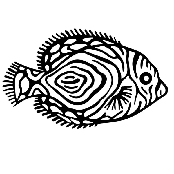 白い背景に隔離されたかわいい海洋魚。モノクロームリニア漫画のベクトルイラスト。手描きの魚の隔離された海の生命要素。水族館や水族館などに使われるデザイン. — ストックベクタ
