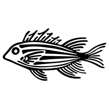 Beyaz arka planda izole edilmiş şirin deniz balıkları. Tek renkli doğrusal çizgi film vektör çizimi. El çizimi balıklar deniz yaşamının elementlerini izole etti. Mağaza akvaryumları ve okyanuslarda kullanılan tasarım.