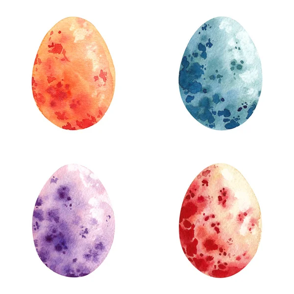 Frohe Ostern. Aquarell-Eier. Set von handgezeichneten farbigen Ostereiern isoliert auf weißem Hintergrund. für Grußkarte. — Stockfoto