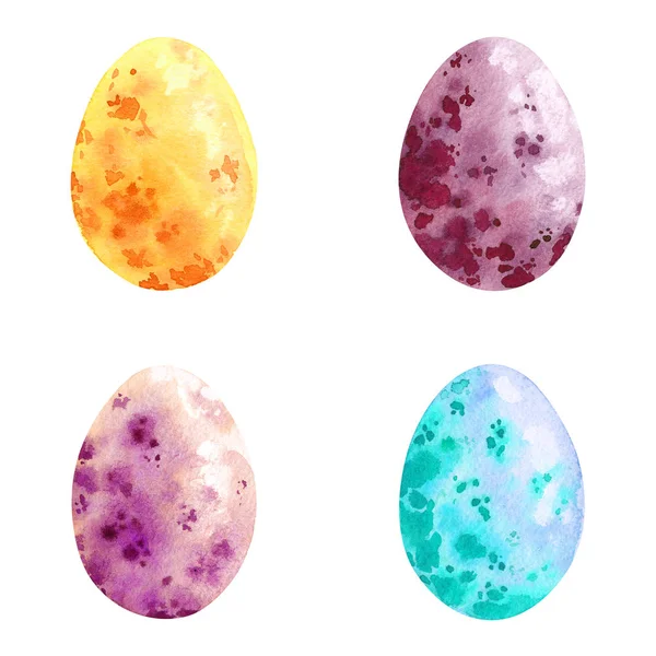 Frohe Ostern. Aquarell-Eier. Set von handgezeichneten farbigen Ostereiern isoliert auf weißem Hintergrund. für Grußkarte. — Stockfoto