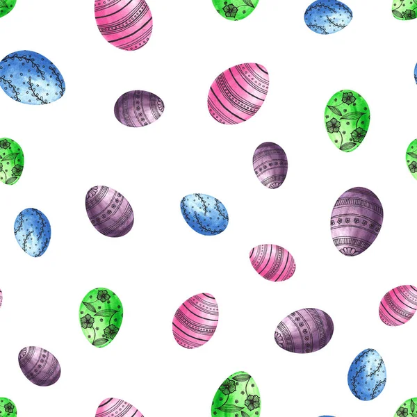 Seamless easter eggs pattern. Watrcolor eggs on white background.Texture for wrapping paper, textile, scrapbooking,. — 스톡 사진